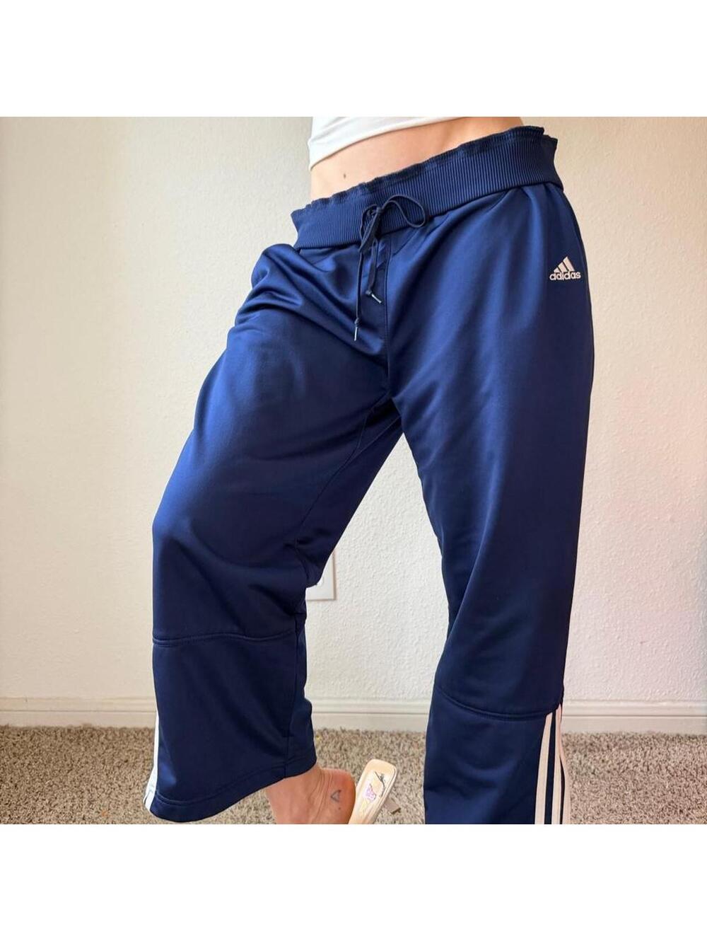 Vintage y2k Adidas low rise wide leg navy blue striped athletic wear sweatpants